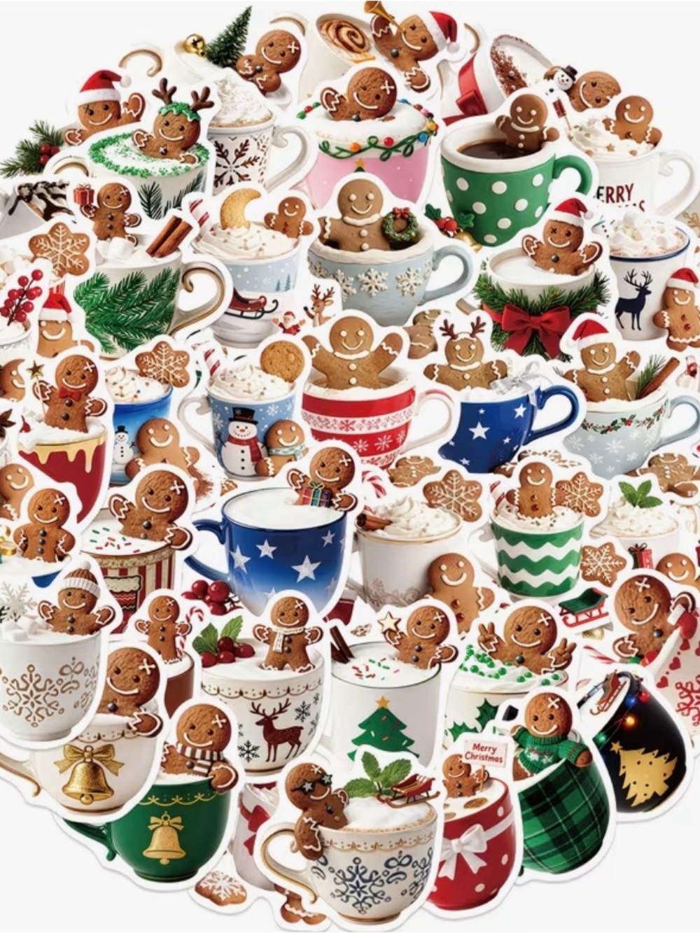 50 Holiday Gingerbread Cookies in Mugs Stickers Christmas Cocoa Coffee Baking - Picture 10 of 16